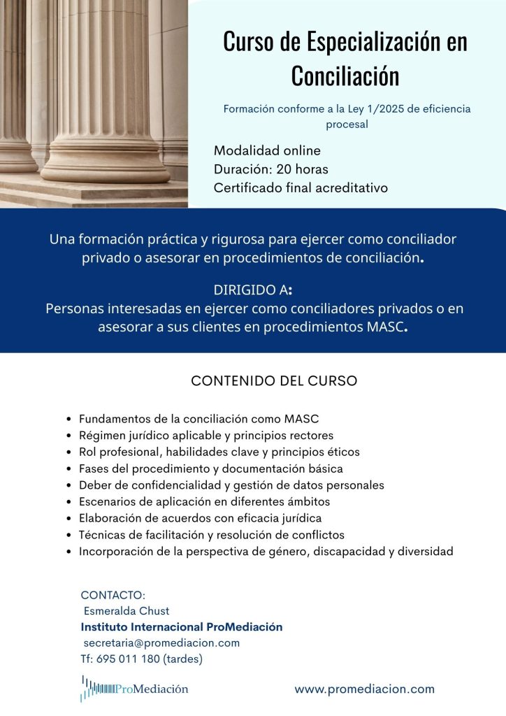 Curso de especialización en conciliación conforme a la Ley 1/2025 de eficiencia procesal